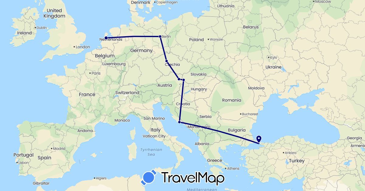 TravelMap itinerary: driving in Austria, Czech Republic, Germany, Croatia, Netherlands, Slovakia, Turkey (Asia, Europe)